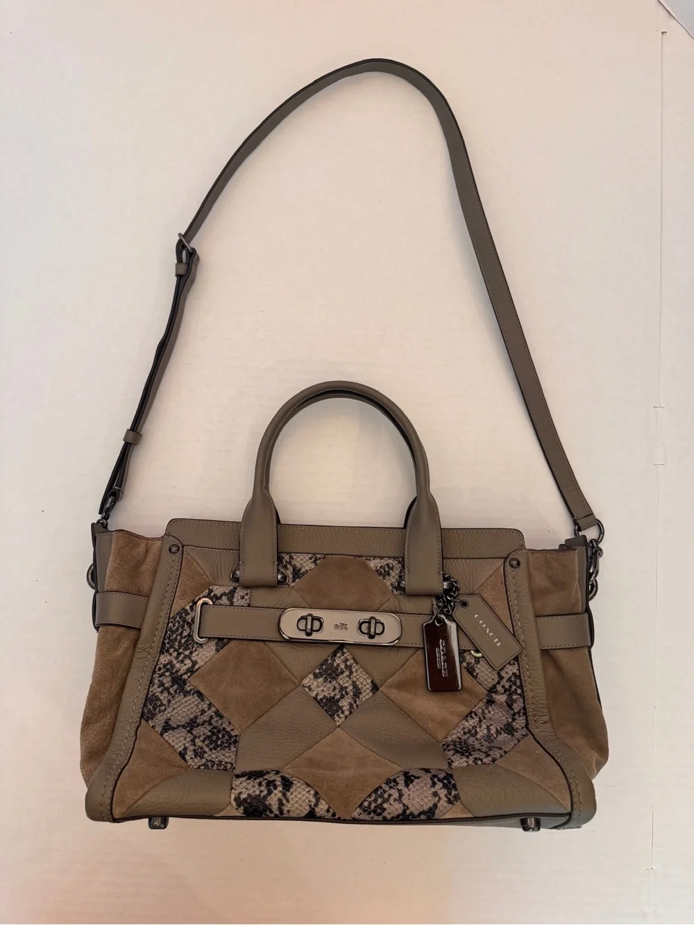 Coach Swagger Patchwork Satchel Purse Snakeskin Quilted Leather Suede NWOT ES